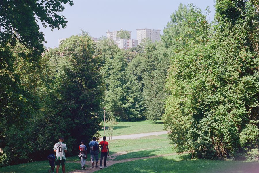 quatre enfants et une grand-mère posent dans l’herbe du parc